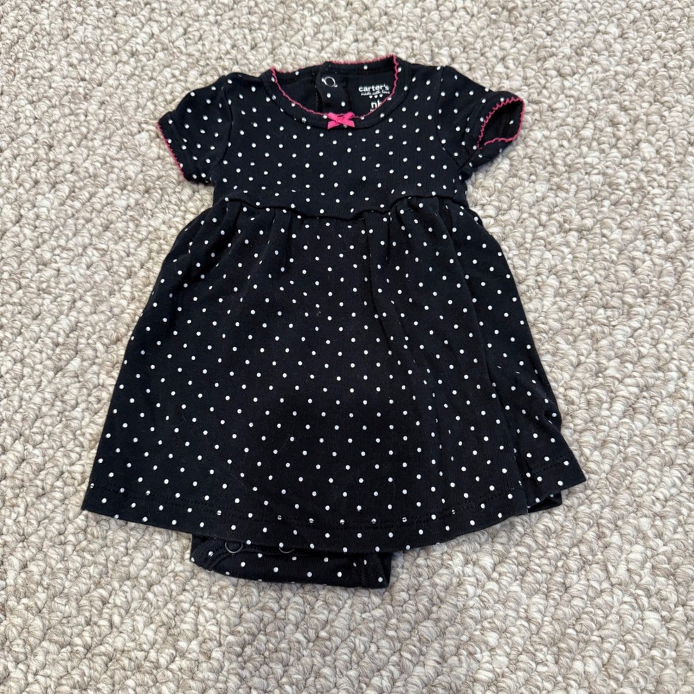 Carters Newborn Black White Polka Dot Dress Bodysuit Pink Trim Bow Size Newborn